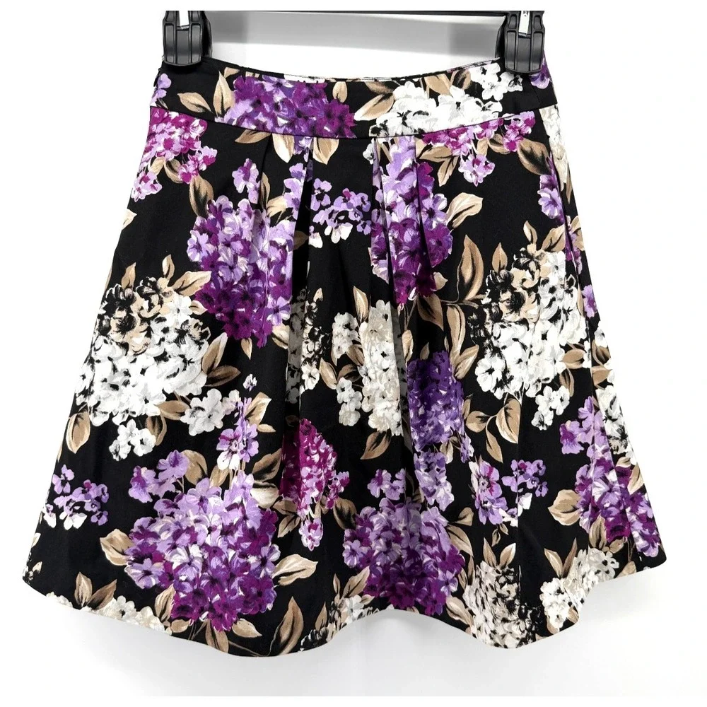 White House Black Market Pleated A Line Skirt Purple White Floral Pocket Women 4
